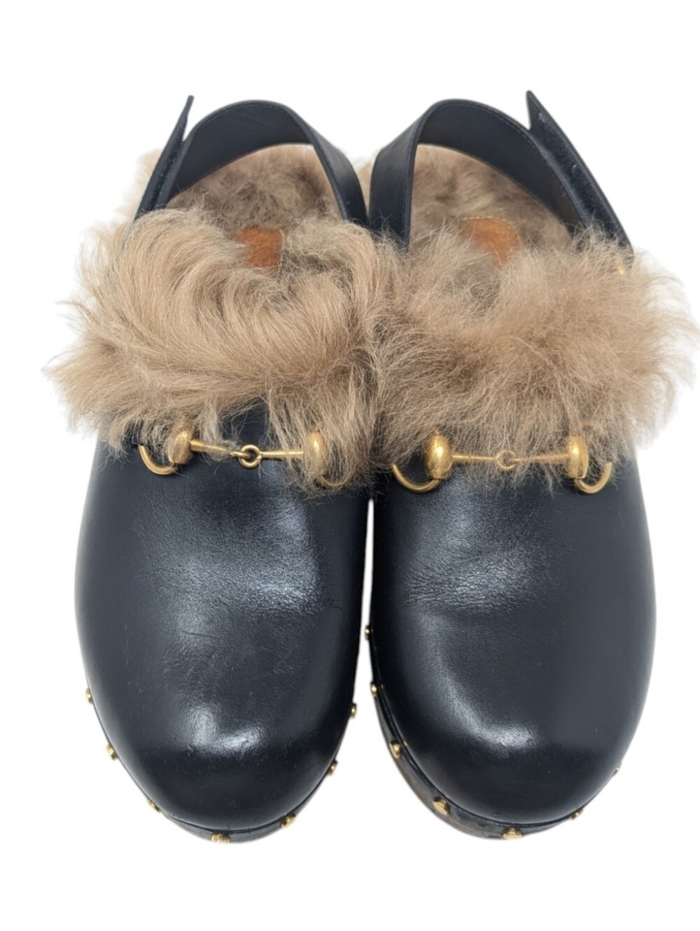 Gucci Black Amstel Leather Fur Slingback Clog Mule Size EU 38.5